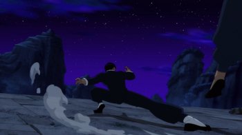 Movie still from “Batman: Soul of the Dragon” (2021), directed by Sam Liu – An animated man in a black suit is jumping in the air; Extreme Wide shot, Low angle
