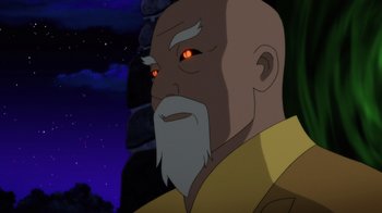 Movie still from “Batman: Soul of the Dragon” (2021), directed by Sam Liu – An old man with a white beard and red glowing eyes; Close Up shot, Over the shoulder angle