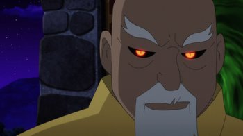 Movie still from “Batman: Soul of the Dragon” (2021), directed by Sam Liu – An old man with a white beard and red glowing eyes; Close Up shot, Over the shoulder angle