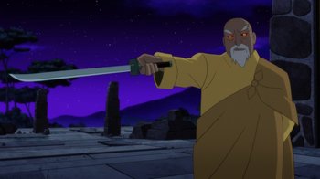 Movie still from “Batman: Soul of the Dragon” (2021), directed by Sam Liu – An old man holding a sword in his hand; Medium shot, Over the shoulder angle