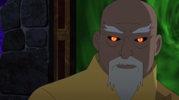 Movie still from “Batman: Soul of the Dragon” (2021), directed by Sam Liu – An old man with a white beard and red glowing eyes; Close Up shot, Over the shoulder angle