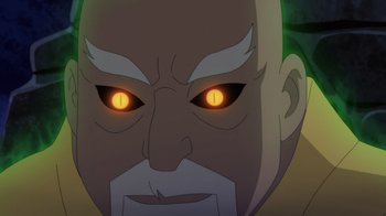 Movie still from “Batman: Soul of the Dragon” (2021), directed by Sam Liu – An old man with glowing orange eyes and white hair; Extreme Close Up shot, High angle