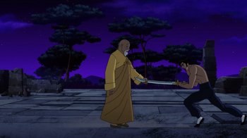 Movie still from “Batman: Soul of the Dragon” (2021), directed by Sam Liu – An animated scene of a man holding a sword; Wide shot, Over the shoulder angle