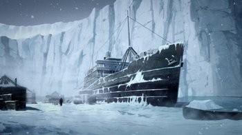 Movie still from “Batman: The Doom That Came to Gotham” (2023), directed by Sam Liu – An illustration of an old boat in the middle of the ice; Extreme Wide shot, Low angle