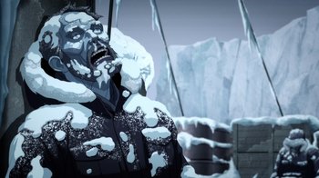 Movie still from “Batman: The Doom That Came to Gotham” (2023), directed by Sam Liu – An animated picture of a man with snow on his face; Close Up shot, Overhead angle