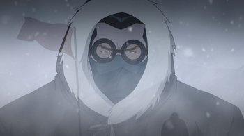 Movie still from “Batman: The Doom That Came to Gotham” (2023), directed by Sam Liu – An image of an animated character in the snow; Close Up shot, Low angle