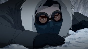Movie still from “Batman: The Doom That Came to Gotham” (2023), directed by Sam Liu – A person wearing a mask and gloves is looking at the camera; Close Up shot, High angle