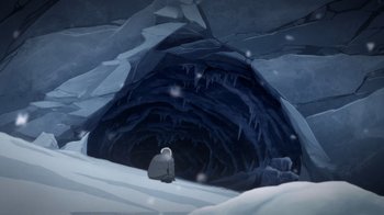 Movie still from “Batman: The Doom That Came to Gotham” (2023), directed by Sam Liu – An illustration of a person sitting in front of an ice cave; Extreme Wide shot, High angle