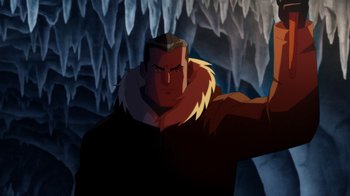 Movie still from “Batman: The Doom That Came to Gotham” (2023), directed by Sam Liu – A man with a beard is standing in front of a cave; Close Up shot, High angle