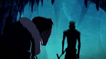 Movie still from “Batman: The Doom That Came to Gotham” (2023), directed by Sam Liu – Two people are standing in front of each other; Wide shot, Over the shoulder angle