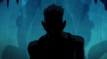 Movie still from “Batman: The Doom That Came to Gotham” (2023), directed by Sam Liu – A silhouette of a man in a dark room; Close Up shot, Low angle