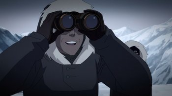 Movie still from “Batman: The Doom That Came to Gotham” (2023), directed by Sam Liu – An animated person with binoculars looking into the distance; Close Up shot, Over the shoulder angle
