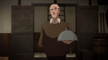 Movie still from “Batman: The Doom That Came to Gotham” (2023), directed by Sam Liu – An old man holding a silver platter in front of an open door; Medium shot, Low angle