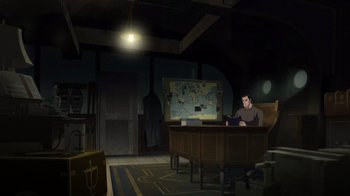 Movie still from “Batman: The Doom That Came to Gotham” (2023), directed by Sam Liu – A man sitting at a desk in front of a map; Wide shot, High angle