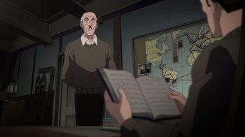 Movie still from “Batman: The Doom That Came to Gotham” (2023), directed by Sam Liu – An animated picture of an old man reading a book; Medium shot, High angle