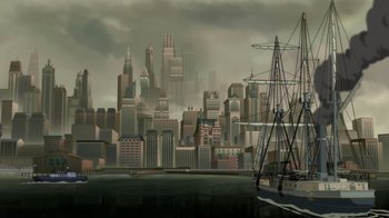 Movie still from “Batman: The Doom That Came to Gotham” (2023), directed by Sam Liu – An illustration of a large city with a boat in the water; Extreme Wide shot, High angle