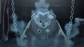 Movie still from “Batman: The Doom That Came to Gotham” (2023), directed by Sam Liu – An image of an animated character in the fog; Medium shot, Overhead angle
