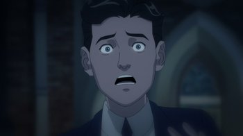 Movie still from “Batman: The Doom That Came to Gotham” (2023), directed by Sam Liu – A man in a suit and tie looking surprised; Close Up shot, Over the shoulder angle