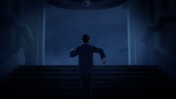 Movie still from “Batman: The Doom That Came to Gotham” (2023), directed by Sam Liu – A man in a suit standing on some steps; Wide shot, Low angle