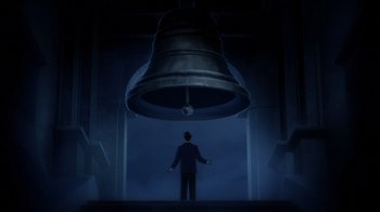 Movie still from “Batman: The Doom That Came to Gotham” (2023), directed by Sam Liu – A man standing in front of a large bell; Extreme Wide shot, Low angle