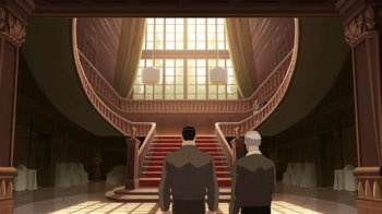 Movie still from “Batman: The Doom That Came to Gotham” (2023), directed by Sam Liu – Two men are standing in front of a staircase; Wide shot, Low angle