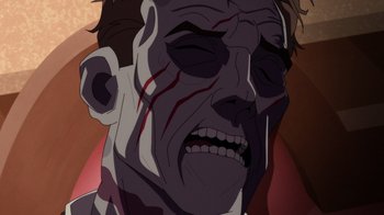 Movie still from “Batman: The Doom That Came to Gotham” (2023), directed by Sam Liu – An illustration of a man with blood on his face; Close Up shot, Overhead angle