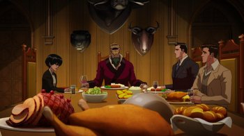 Movie still from “Batman: The Doom That Came to Gotham” (2023), directed by Sam Liu – A group of people sitting around a table with food; Wide shot, High angle