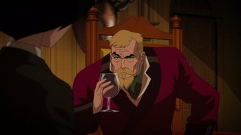 Movie still from “Batman: The Doom That Came to Gotham” (2023), directed by Sam Liu – A man with a goatee is holding a glass of wine; Medium shot, Over the shoulder angle