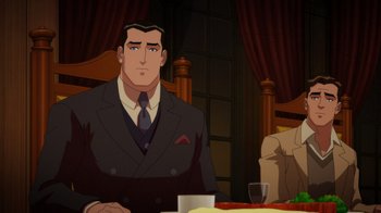 Movie still from “Batman: The Doom That Came to Gotham” (2023), directed by Sam Liu – A man sitting at a table in front of a glass of wine; Medium shot, Over the shoulder angle