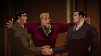 Movie still from “Batman: The Doom That Came to Gotham” (2023), directed by Sam Liu – A group of men standing next to each other holding hands; Medium shot, Over the shoulder angle