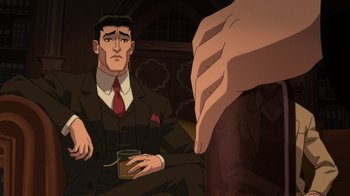 Movie still from “Batman: The Doom That Came to Gotham” (2023), directed by Sam Liu – A man in a suit and red tie holding a drink; Medium shot, Over the shoulder angle