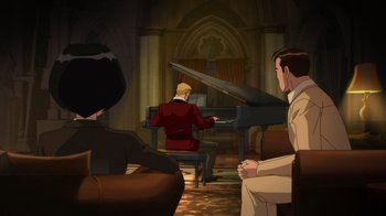 Movie still from “Batman: The Doom That Came to Gotham” (2023), directed by Sam Liu – A man sitting at a piano in front of two other men; Wide shot, High angle