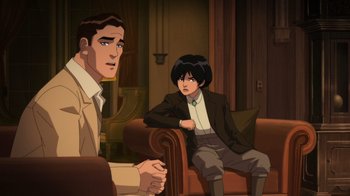 Movie still from “Batman: The Doom That Came to Gotham” (2023), directed by Sam Liu – A man and a woman sitting on a couch in a room; Medium shot, Over the shoulder angle