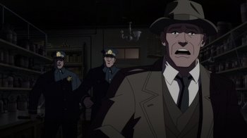 Movie still from “Batman: The Doom That Came to Gotham” (2023), directed by Sam Liu – A group of police officers standing next to a man; Medium shot, Over the shoulder angle