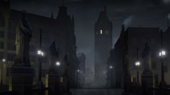 Movie still from “Batman: The Doom That Came to Gotham” (2023), directed by Sam Liu – An image of a city at night in the fog; Extreme Wide shot, Low angle