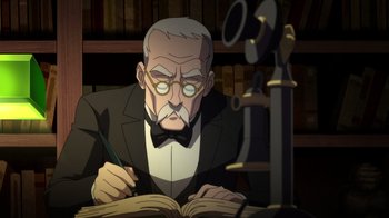 Movie still from “Batman: The Doom That Came to Gotham” (2023), directed by Sam Liu – An old man is writing in a book in a library; Medium shot, Low angle