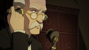 Movie still from “Batman: The Doom That Came to Gotham” (2023), directed by Sam Liu – An old man wearing glasses and a suit and tie; Close Up shot, High angle