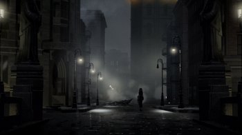 Movie still from “Batman: The Doom That Came to Gotham” (2023), directed by Sam Liu – A woman walking down a street in the fog; Extreme Wide shot, Low angle