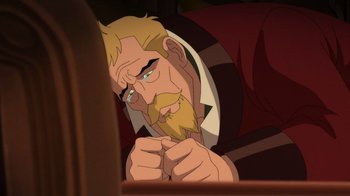 Movie still from “Batman: The Doom That Came to Gotham” (2023), directed by Sam Liu – A man with blond hair and a goatee is looking at himself in the mirror; Close Up shot, High angle
