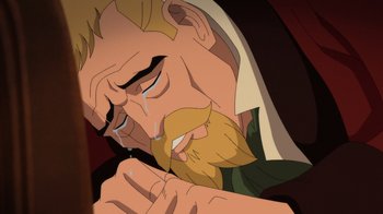 Movie still from “Batman: The Doom That Came to Gotham” (2023), directed by Sam Liu – An animated man with a long beard is crying; Close Up shot, Over the shoulder angle