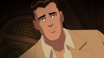 Movie still from “Batman: The Doom That Came to Gotham” (2023), directed by Sam Liu – A person wearing a suit and tie; Close Up shot, Over the shoulder angle