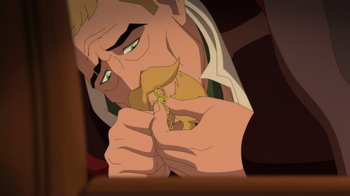 Movie still from “Batman: The Doom That Came to Gotham” (2023), directed by Sam Liu – A man holding a chain in his hands; Close Up shot, High angle