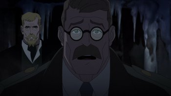 Movie still from “Batman: The Doom That Came to Gotham” (2023), directed by Sam Liu – An old man with glasses and a mustache; Close Up shot, Over the shoulder angle