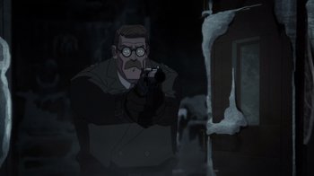 Movie still from “Batman: The Doom That Came to Gotham” (2023), directed by Sam Liu – An animated man with a gun in his hand; Medium shot, Over the shoulder angle