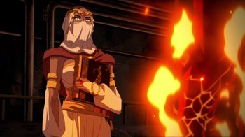 Movie still from “Batman: The Doom That Came to Gotham” (2023), directed by Sam Liu – An image of an animated character in front of a fire; Medium shot, Low angle