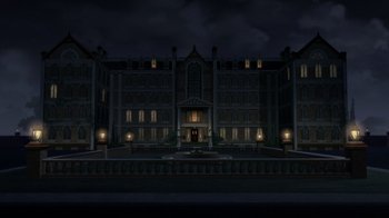 Movie still from “Batman: The Doom That Came to Gotham” (2023), directed by Sam Liu – A large building lit up at night with lights on it; Extreme Wide shot, High angle