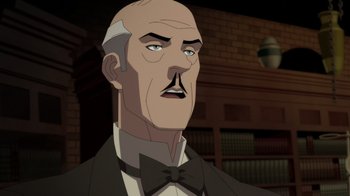 Movie still from “Batman: The Doom That Came to Gotham” (2023), directed by Sam Liu – An old man with a bow tie is looking at the camera; Close Up shot, Low angle