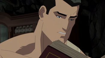 Movie still from “Batman: The Doom That Came to Gotham” (2023), directed by Sam Liu – A person holding a book in his hands; Close Up shot, High angle