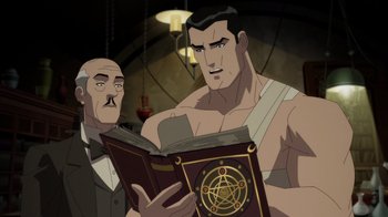Movie still from “Batman: The Doom That Came to Gotham” (2023), directed by Sam Liu – A man reading a book while another man looks on; Medium shot, Over the shoulder angle