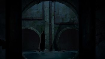 Movie still from “Batman: The Doom That Came to Gotham” (2023), directed by Sam Liu – A man standing in front of an arch in a dark room; Extreme Wide shot, Low angle